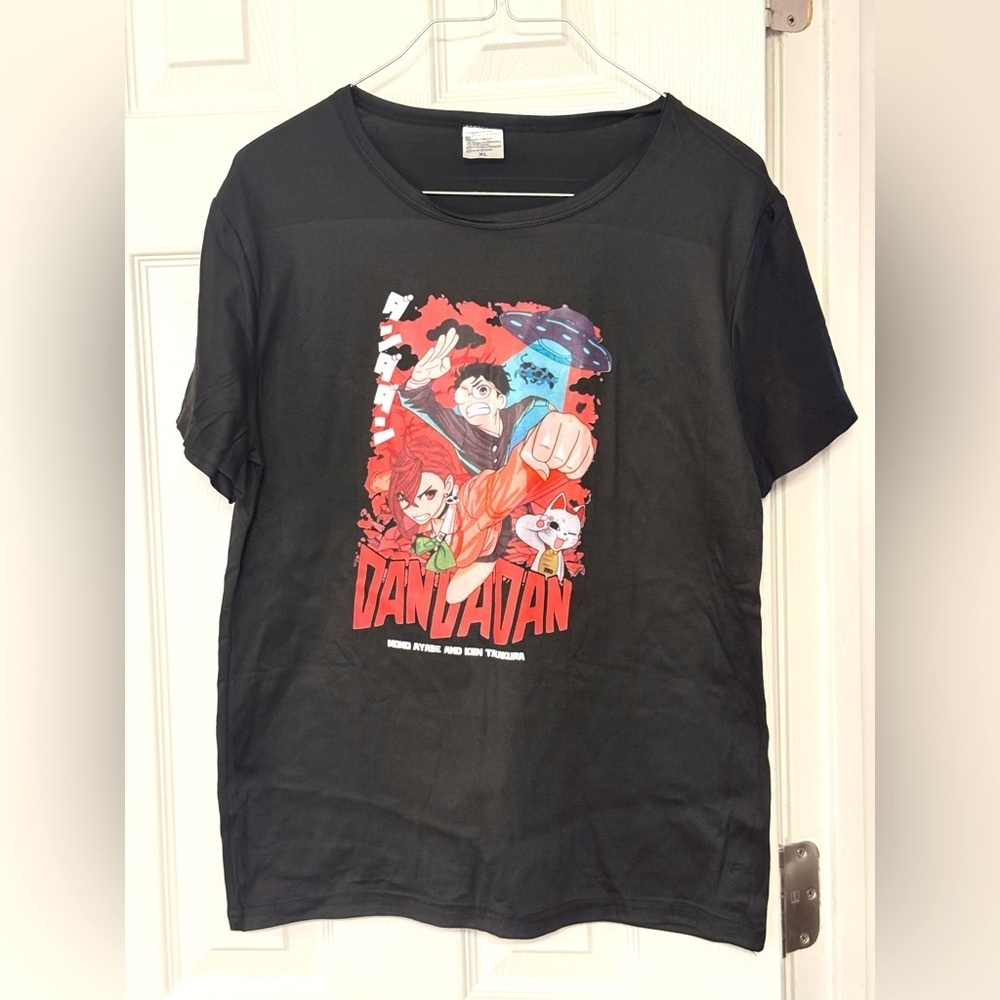 Black Graphic Dandadan Short Sleeve T-Shirt with Multicolored Anime Design